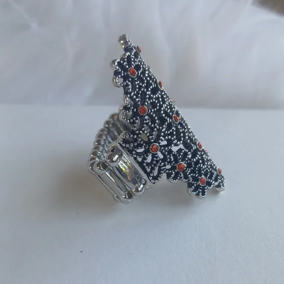 Paparazzi Silver and Orange Floral Ring Strech - Picture 3 of 11